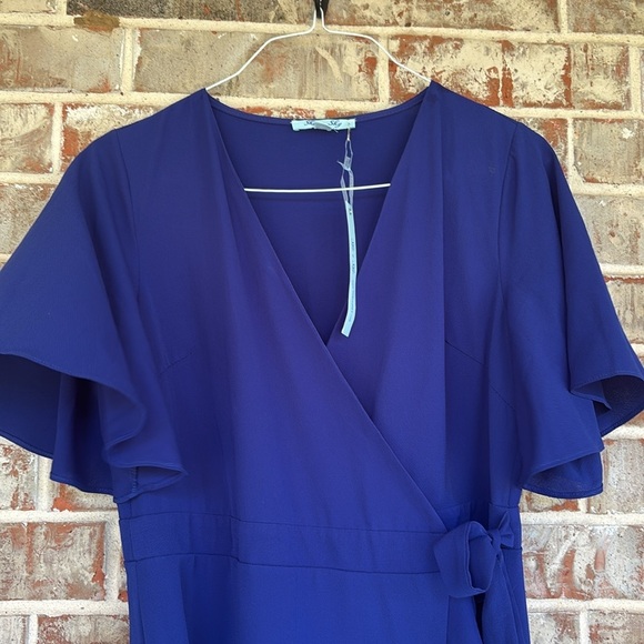 She + Sky Royal Blue Flutter Sleeve Midi Wrap Dress - Picture 4 of 15